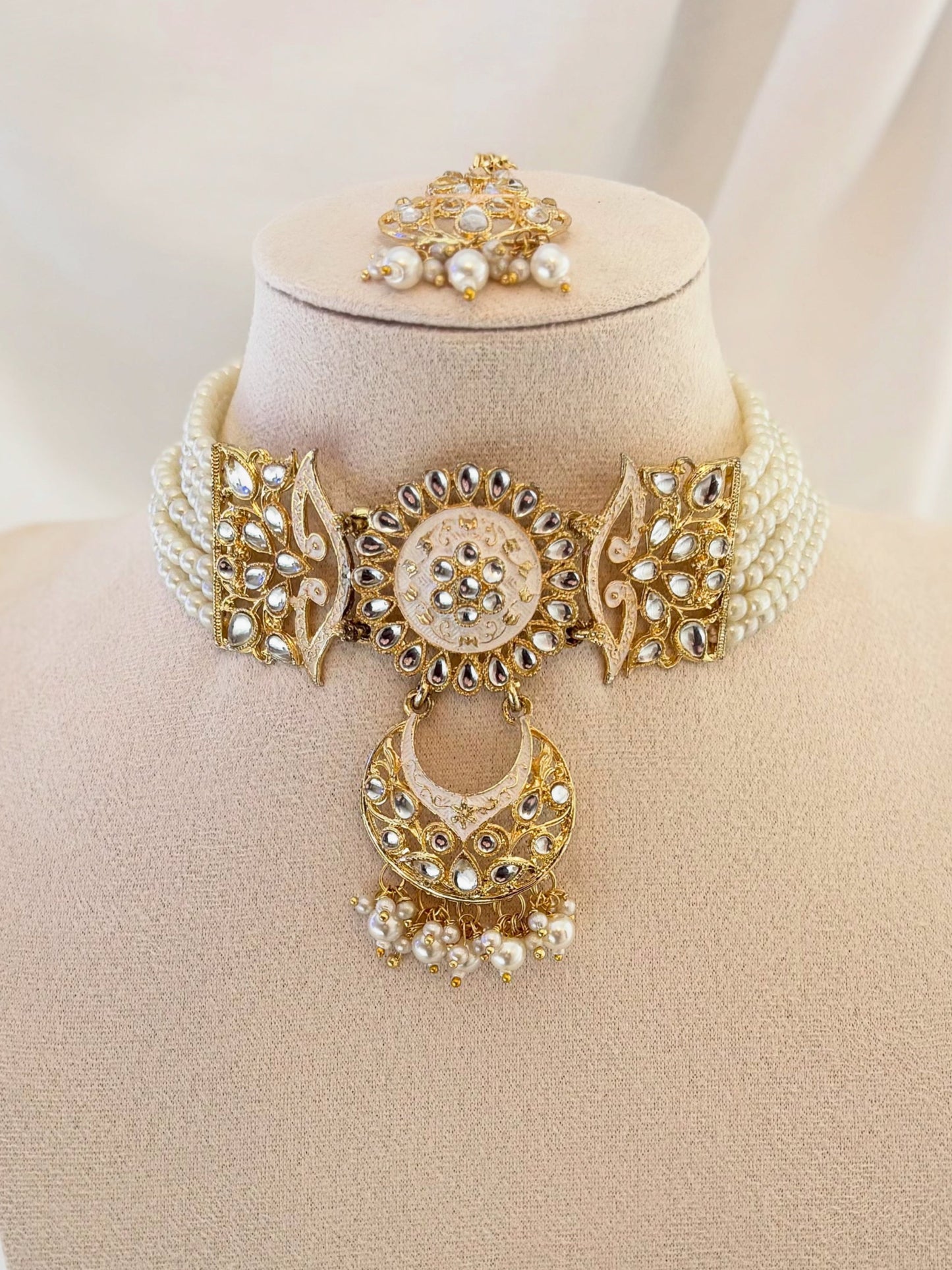 White and Gold Choker Set | Meenakari Collection
