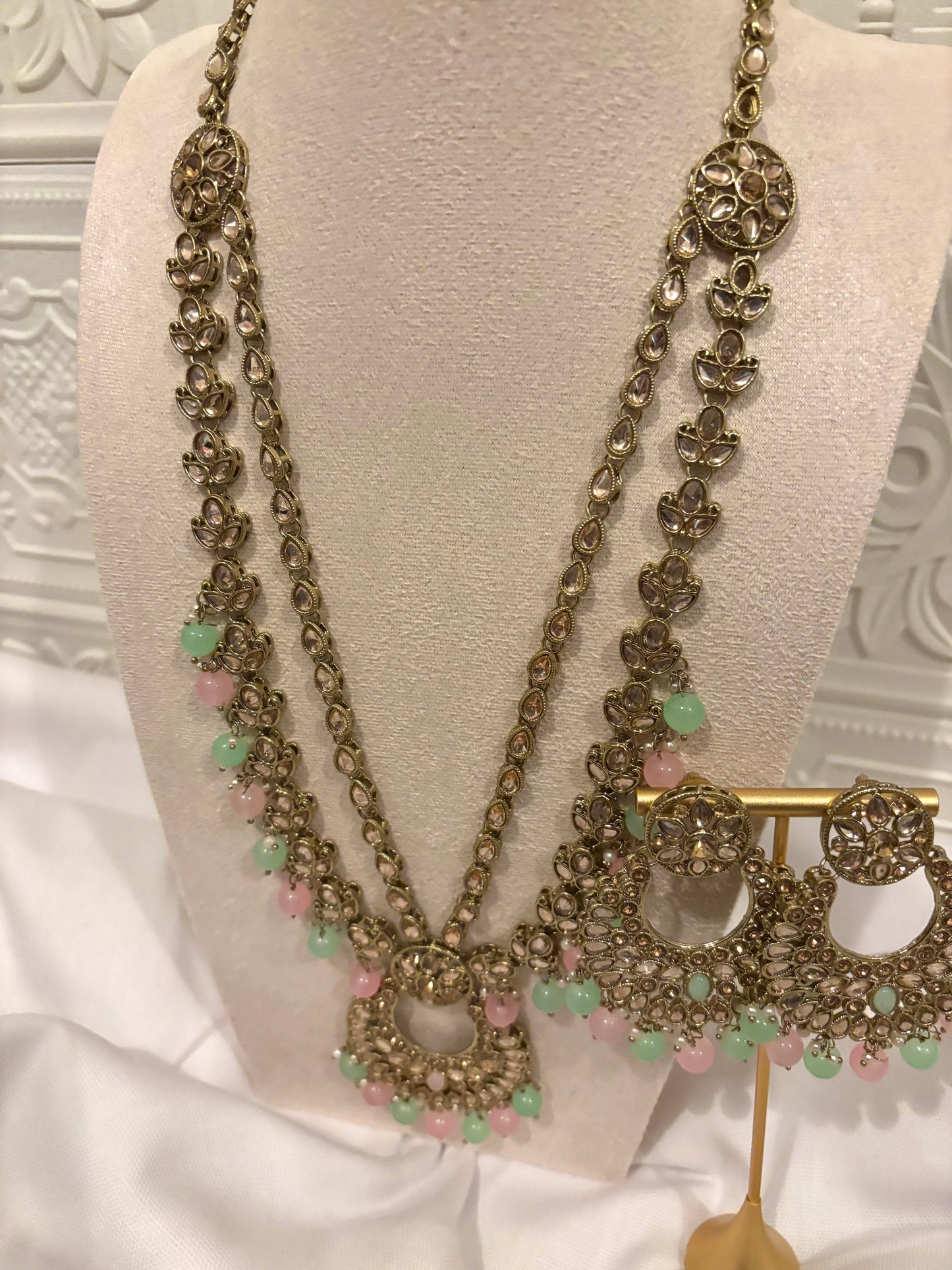 Pink and Mint Long Necklace | Kundan Collection