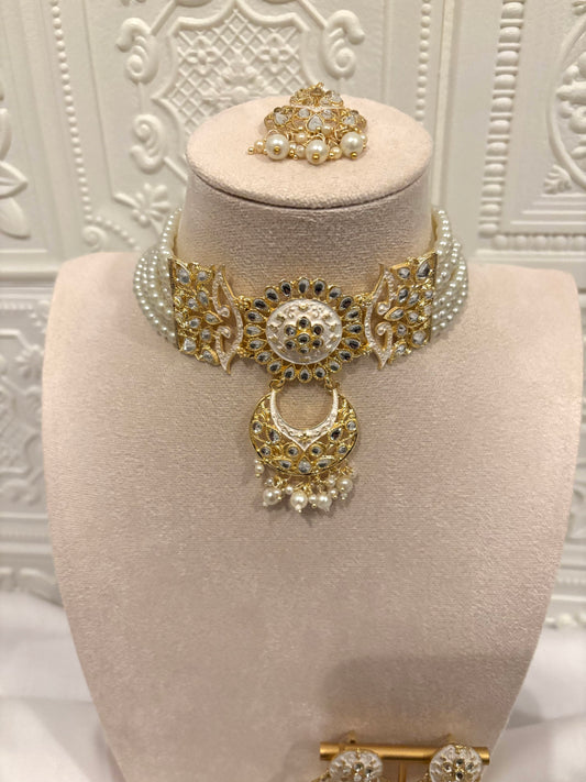 White and Gold Choker Set | Meenakari Collection