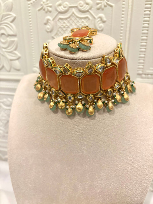 Orange and Mint Kundan Set Gold Details | Kundan Collection