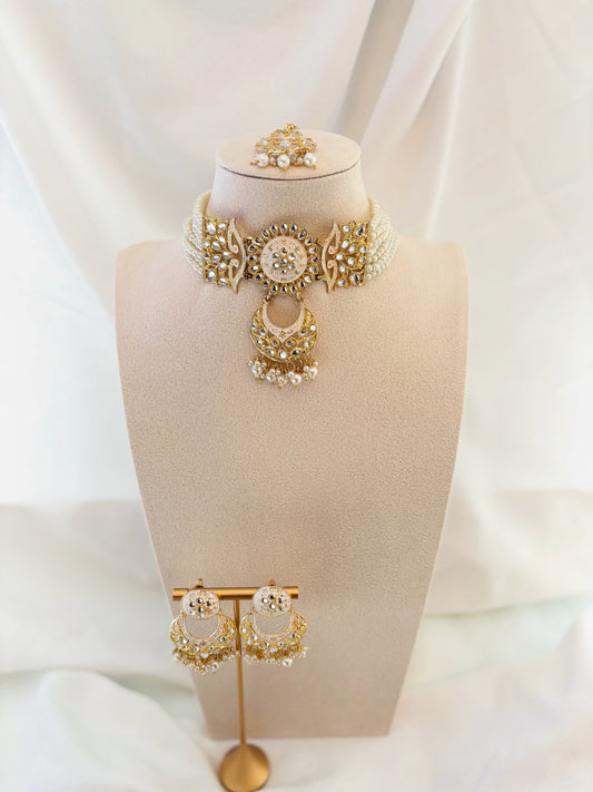 White and Gold Choker Set | Meenakari Collection