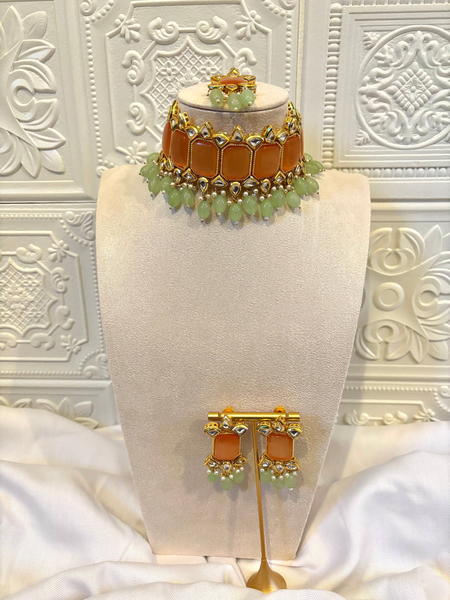 Orange and Mint Kundan Set | Kundan Collection