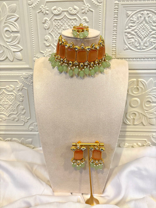 Orange and Mint Kundan Set | Kundan Collection
