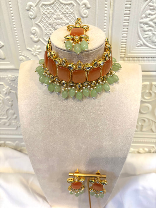 Orange and Mint Kundan Set | Kundan Collection