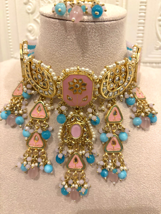 Pink & Blue Meenakari Choker Set | Meenakari Collection