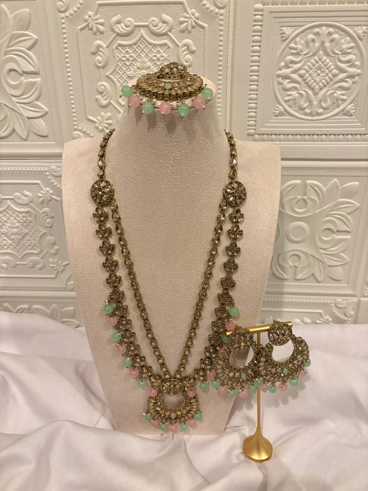 Pink and Mint Long Necklace | Kundan Collection
