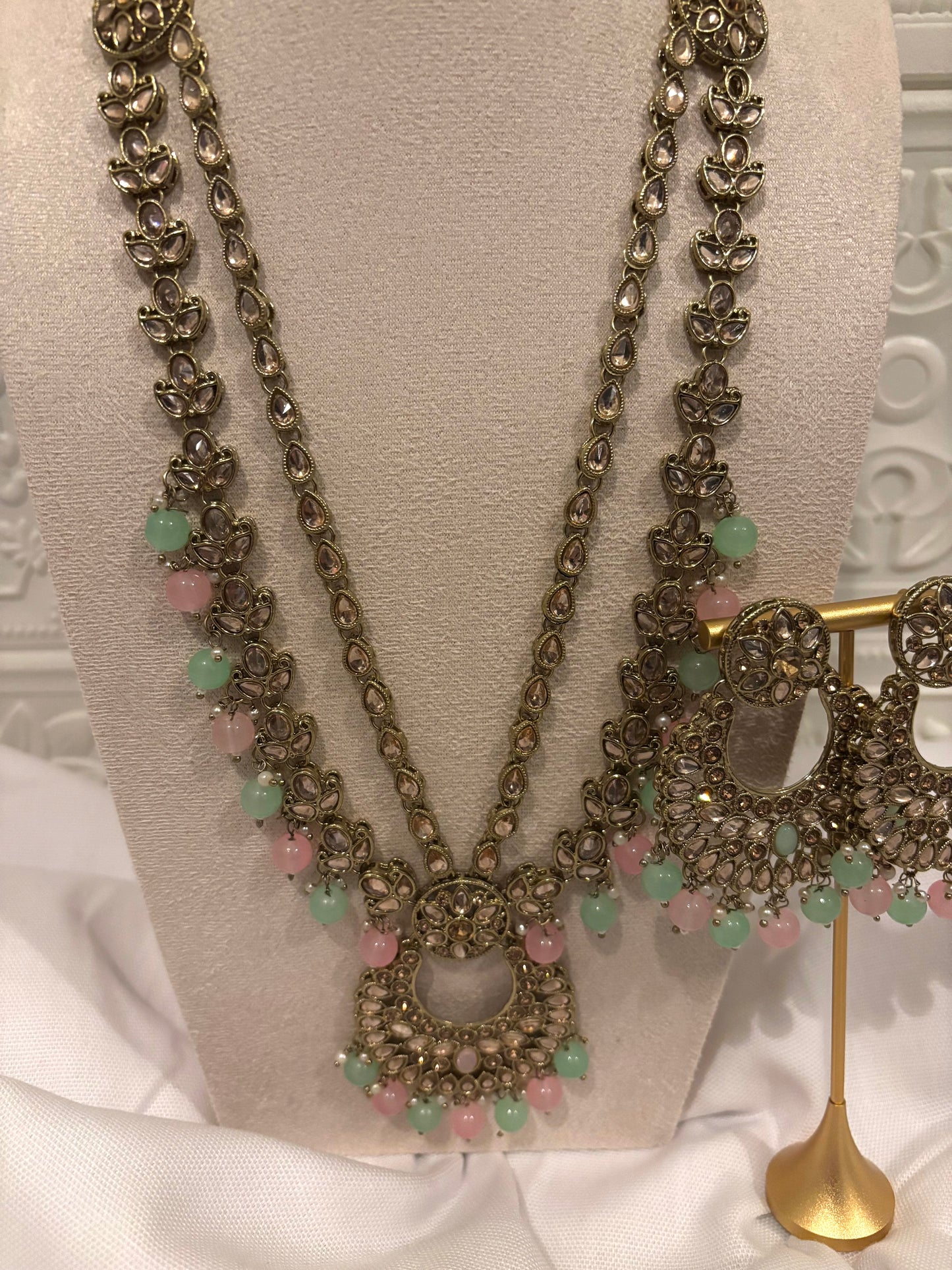 Pink and Mint Long Necklace | Kundan Collection