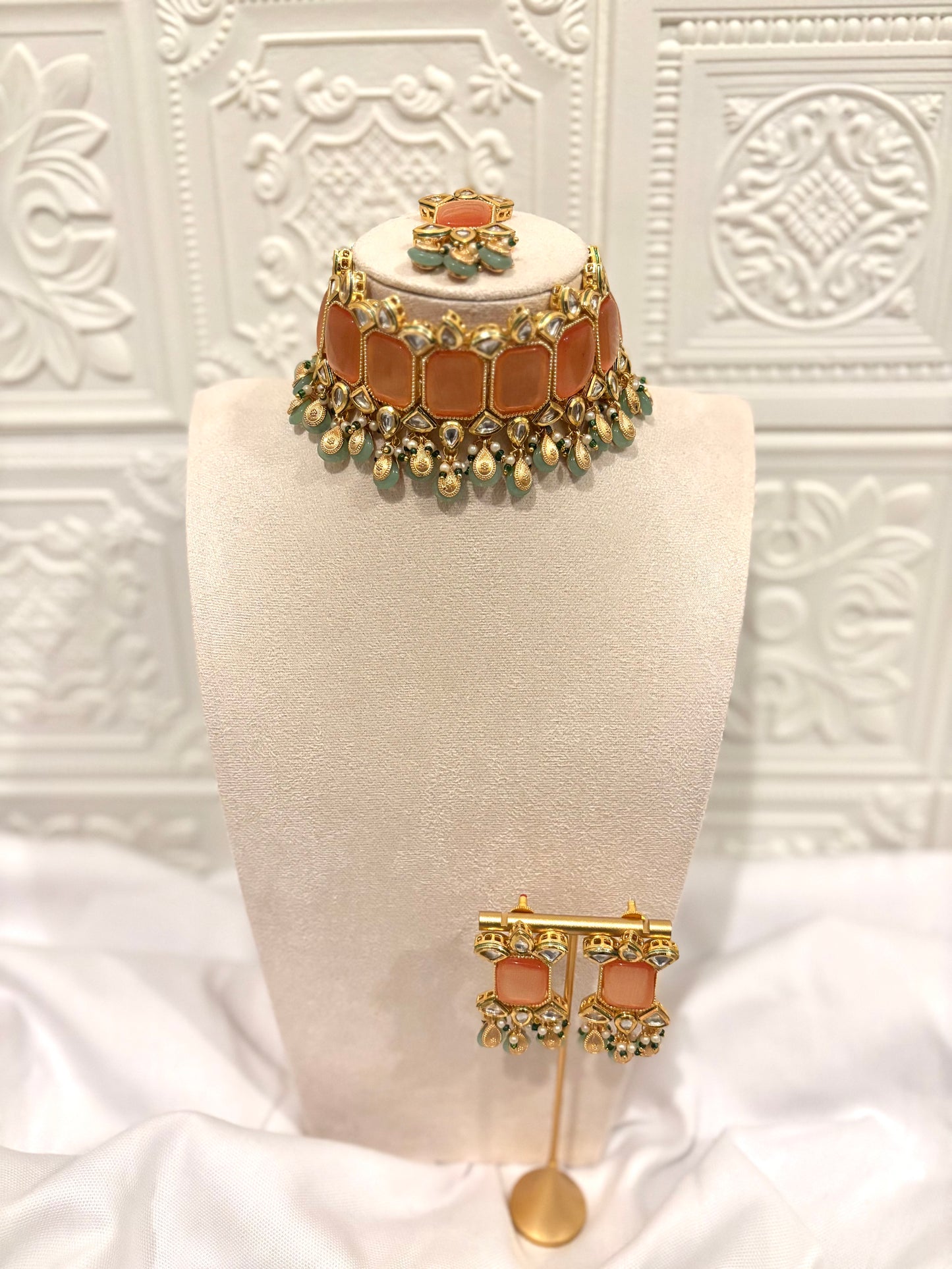 Orange and Mint Kundan Set Gold Details | Kundan Collection