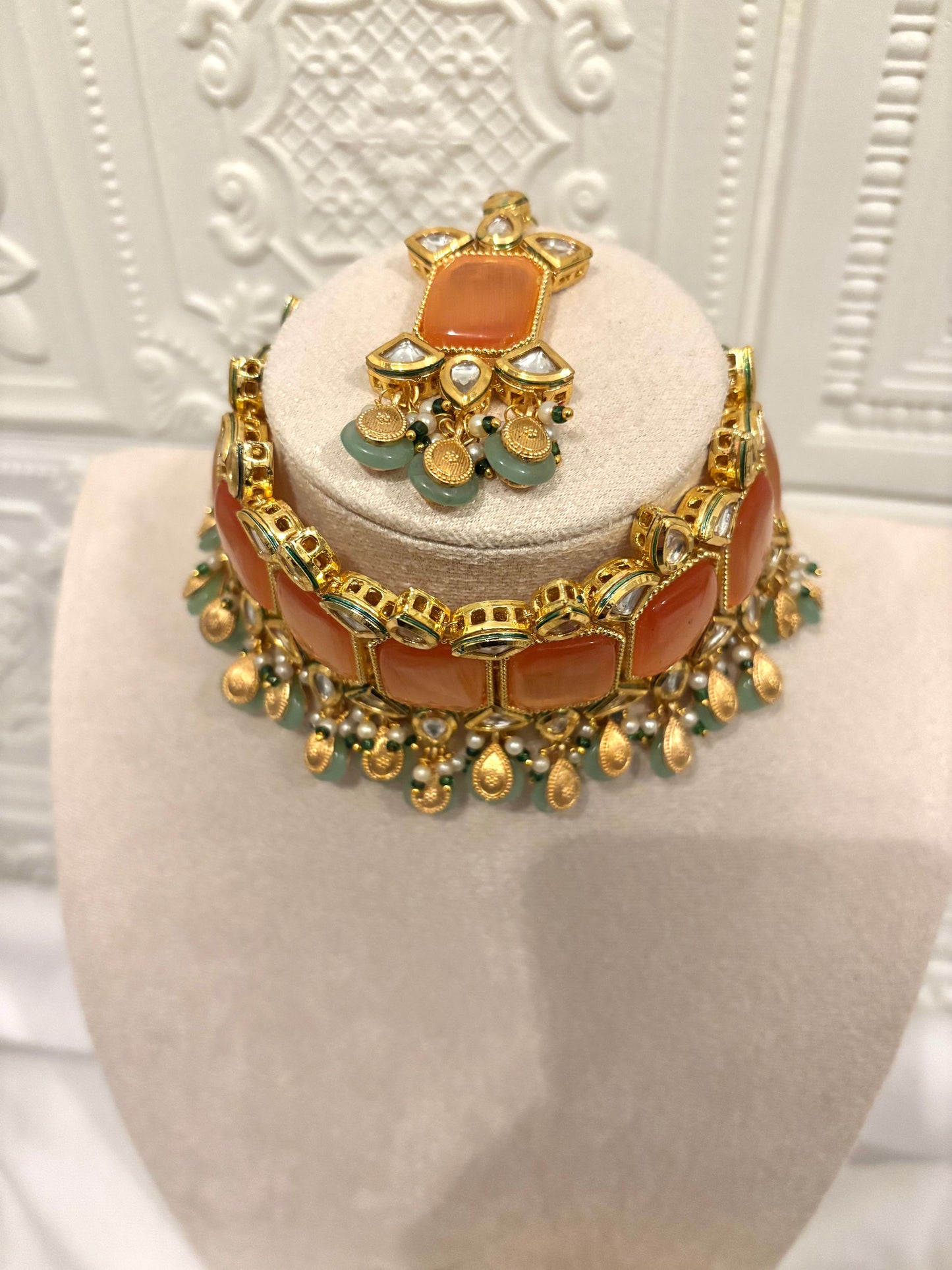 Orange and Mint Kundan Set Gold Details | Kundan Collection