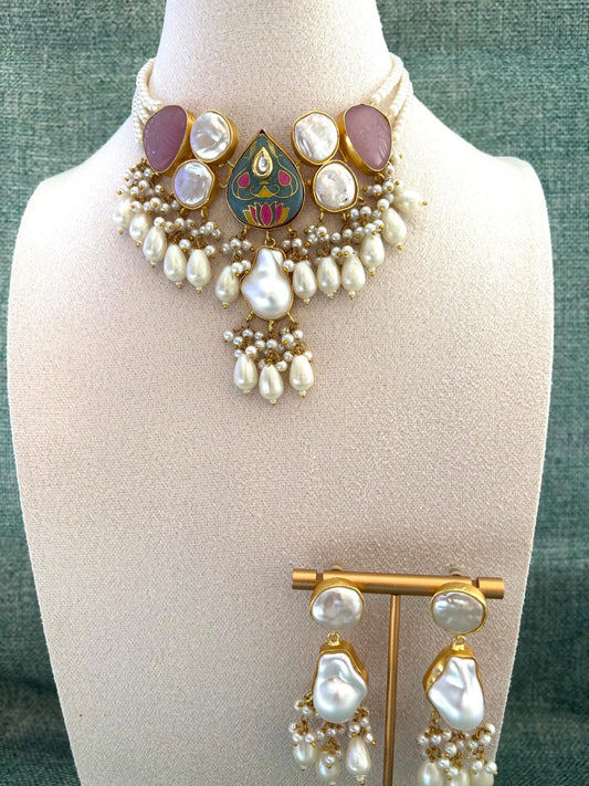 Pink & Grey Mother Of Pearl Choker Set | Mother Of Pearl Collection